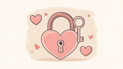 Heart-shaped lock with key, romantic illustration, decorative background
