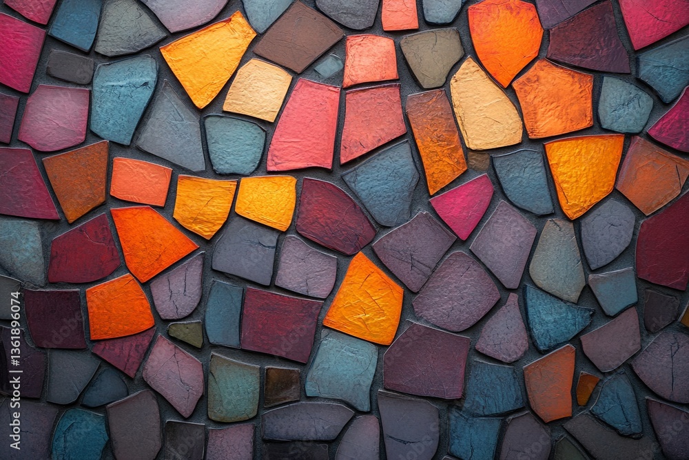 Poster colorful mosaic pattern created with irregular stone pieces in various shades and textures, showcasi