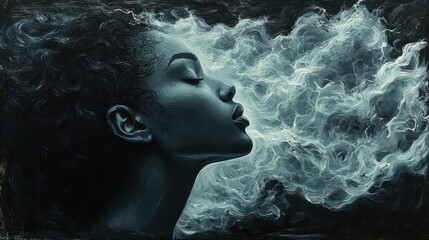 A serene portrait shows a woman exhaling into a misty background
