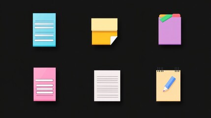 Fototapeta premium Colorful paper icons, document, note, office supplies, on black background, digital illustration