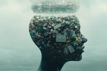 Conceptual image symbolizing mental overload and pollution, featuring a head filled with trash submerged in water, representing drowning in information, symbolizing stress.