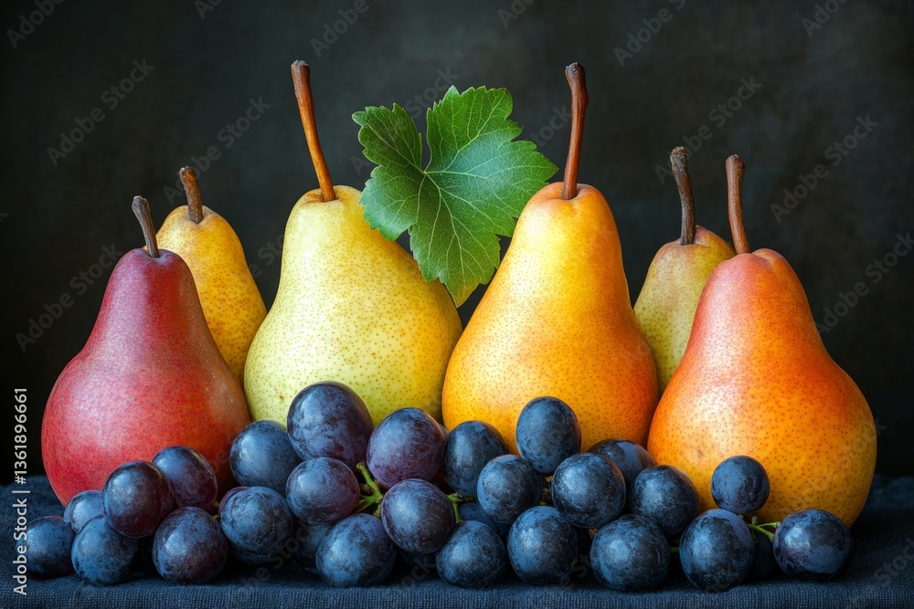 Poster colorful display of fresh pears and grapes arranged artistically on a dark background