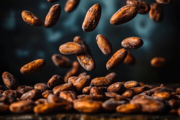 Obraz premium Close-up studio shot of aromatic and raw cocoa beans scattered and falling against dark backdrop, revealing rich textures and hues, organic and sustainable.