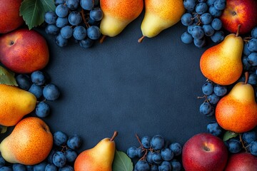 Colorful arrangement of fresh fruits showcasing pears, apples, and grapes on a dark backdrop during autumn harvest season