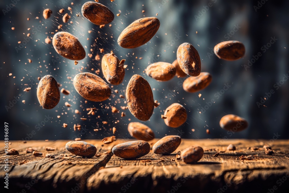 Poster dynamic close-up of cocoa beans in mid-air, scattered over a rustic wooden surface, creating a vibra