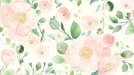 Watercolor Floral Arrangement - Elegant Botanical Composition for Wedding and Greeting Cards. Seamless Pastel Colour Roses Pattern Tile. 