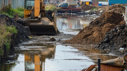 A close-up of a canal being cleaned with a dredging machine, with large piles of dirt and trash around it.