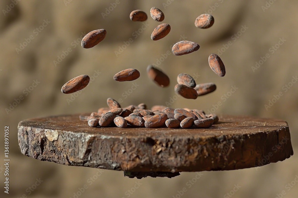 Poster a captivating display of cocoa beans in mid-air falling towards a rustic wooden platform, evoking na