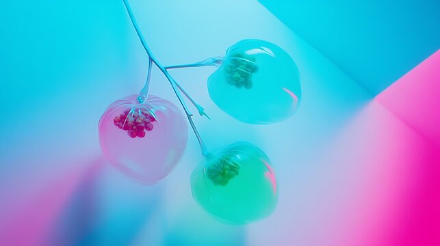 Three transparent pods of vibrant color suspended with stem