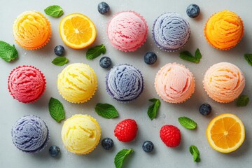 Obraz premium Colorful assortment of ice cream scoops with fresh fruits and mint leaves displayed on a light surface