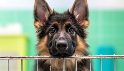 German Shepherd Puppy in Kennel.