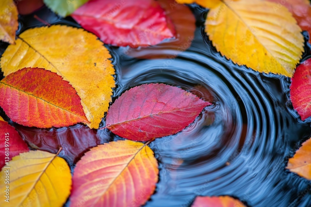 Aufkleber vibrant autumn leaves float on water with ripples in a serene natural setting during a clear day