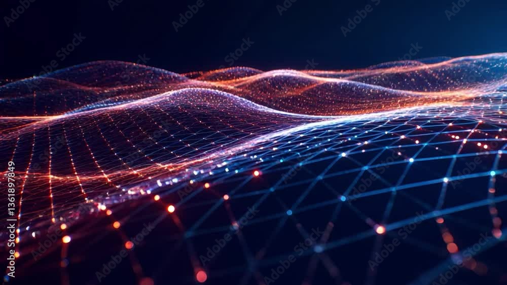 Poster vibrant 3d wireframe mesh with glowing energy lines representing data flow and movement