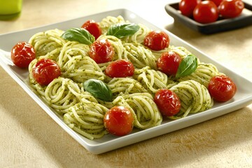 Delicious spaghetti with fresh pesto sauce and cherry tomatoes on a white plate, garnished with basil leaves for a flavorful and vibrant Italian dish.