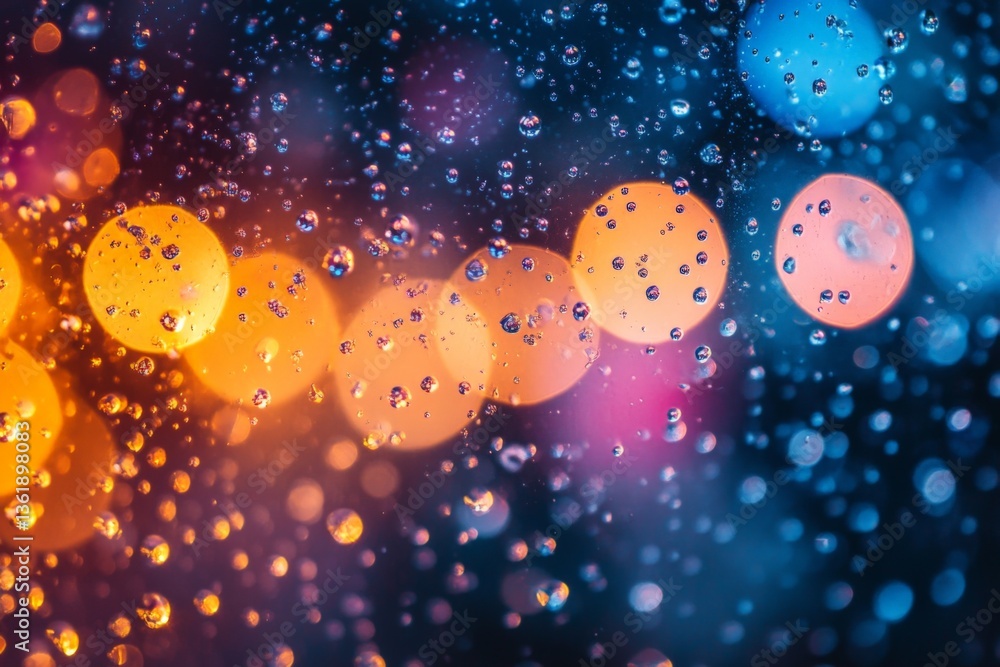 Poster raindrops create a mesmerizing pattern on a window, showcasing vibrant city lights at night during a