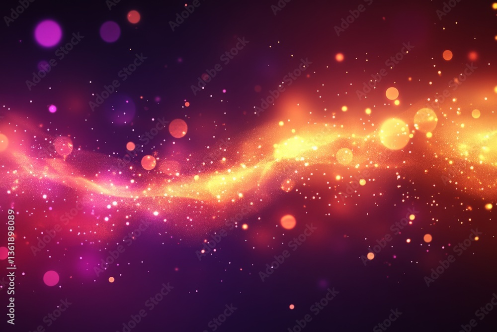 Poster vibrant cosmic abstract background with glowing lights and sparkling particles in purple and orange 