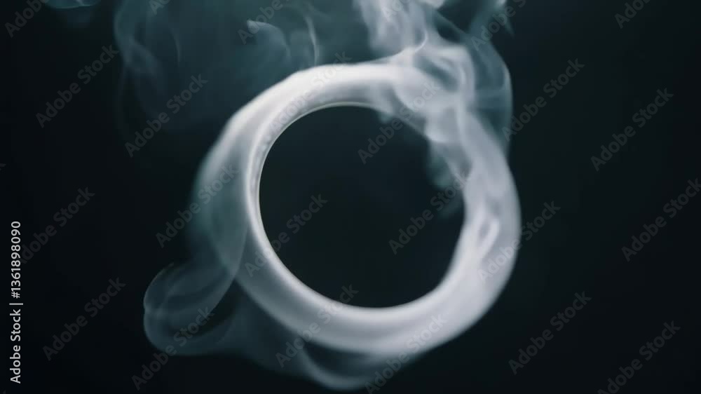 Poster a white ring is suspended in the air, surrounded by a cloud of smoke. the smoke is a mixture of whit