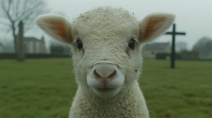Obraz premium Adorable lamb in a misty churchyard.