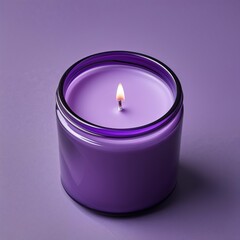 A lavender-scented candle in a dark purple glass jar, isolated on a transparent background. The deep purple color of the jar contrasts with the candle’s soft lavender hue, perfect for a calming
