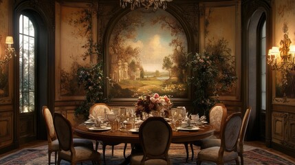 Elegant Dining Room with Mural