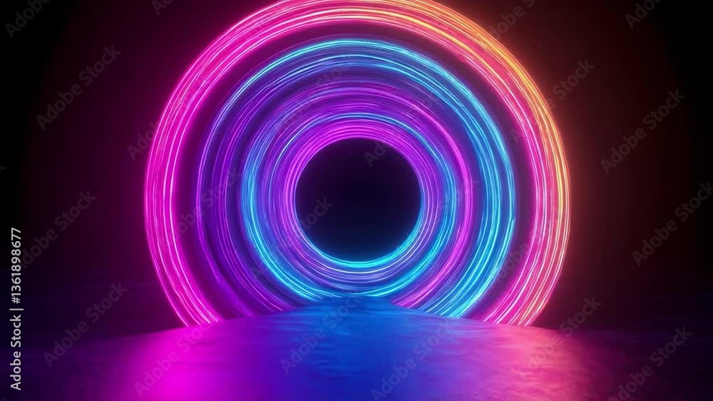 Poster vibrant neon display of luminous concentric rings creating colorful mesmerizing effects dark space