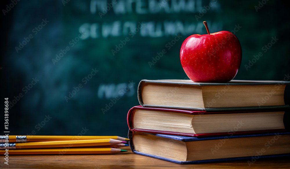 Poster photo of a stack of books and pencils on a desk with an apple in front of a blackboard background, i