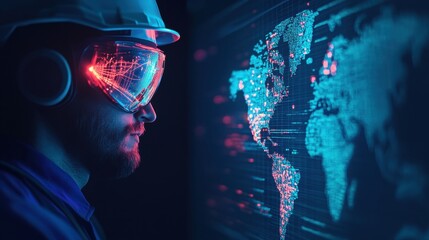 Scientist in Protective Gear Analyzing Digital World Map with Data Streams, High-Tech Visualization, Future Technology Concept, Innovation, Cybersecurity