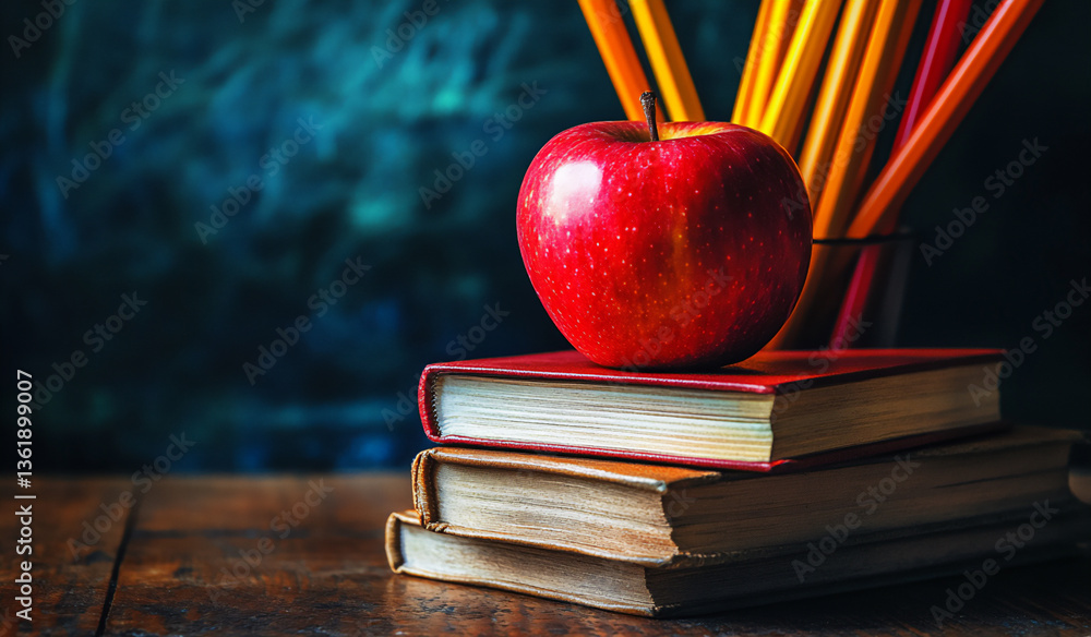 Poster photo of a stack of books and pencils on a desk with an apple in front of a blackboard background, i