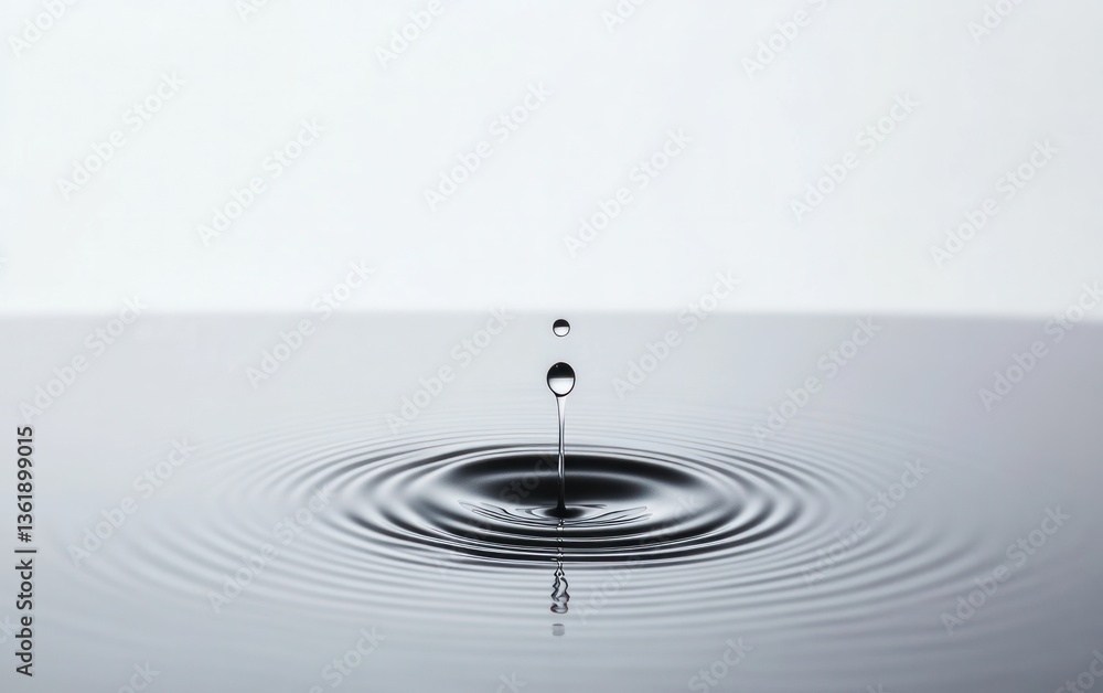 Poster a water droplet falling onto a still surface, creating concentric ripples. the image is minimalistic