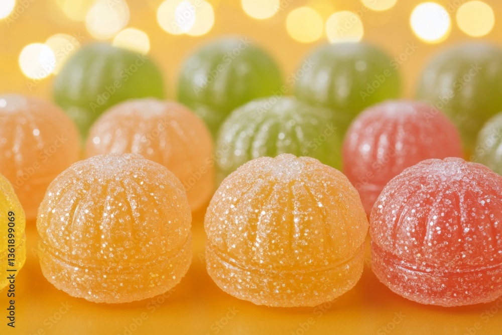 Poster Colorful gummy candies arranged on a bright background with soft bokeh across the surface creating a festive feel