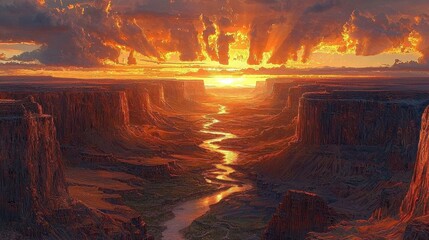 A Beautiful Canyon Landscape Illuminated by a Fiery Sunset