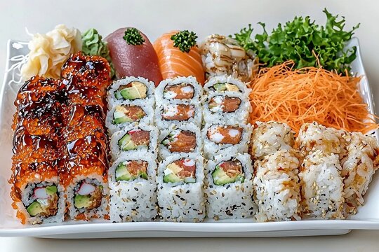 A large and diverse platter of sushi rolls, featuring an assortment of fresh fish, avocado, and other ingredients, beautifully arranged on a white serving dish. - Powered by Adobe