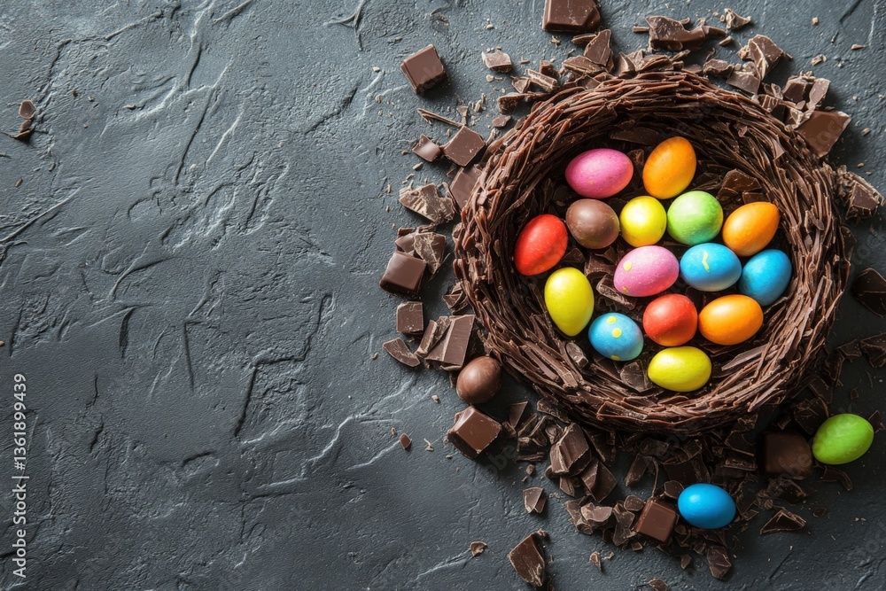 Poster colorful chocolate easter eggs arranged in a chocolate nest on a dark textured surface