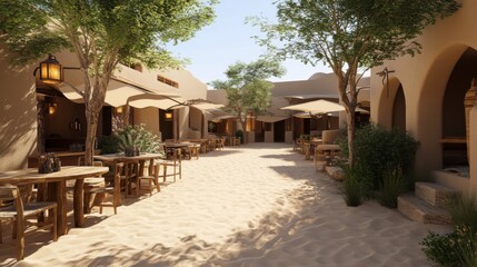 Tranquil desert courtyard with shaded seating and lush greenery in background