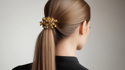 Fototapeta premium A sleek ponytail styled with golden hair accessories, white background