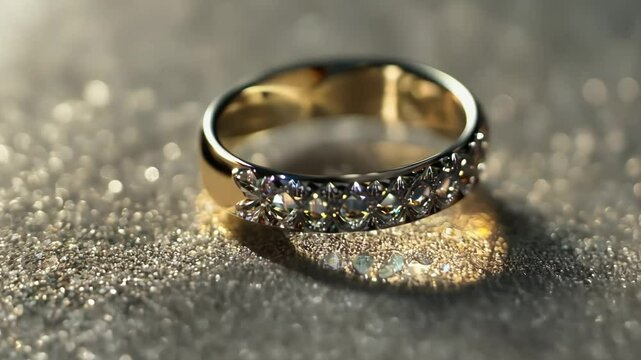 A gold ring with diamonds on it. The ring is on a table. The table is shiny
