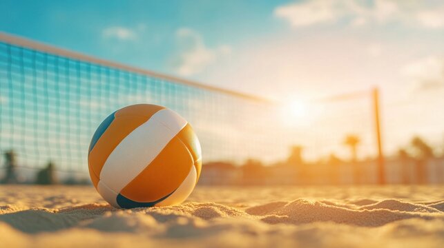 Vibrant Beach Volleyball on Sand Under Sunset Sky with Net in Background for Summer Sports or Outdoor Activities Concept