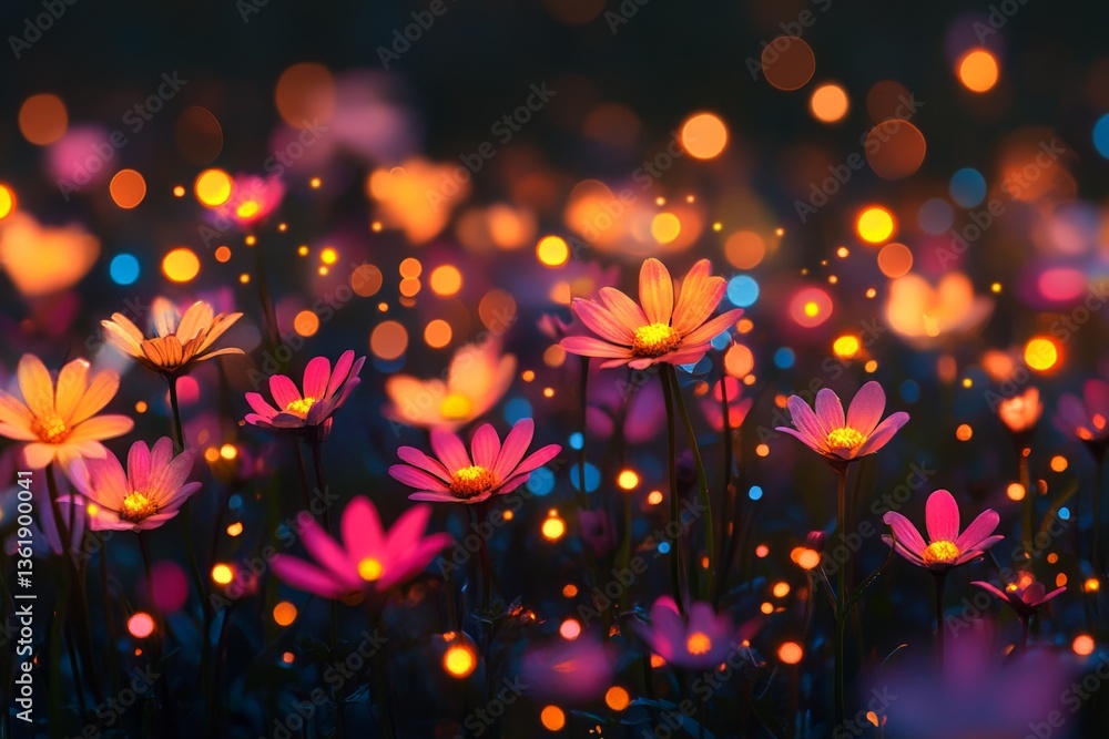 Poster Colorful flowers illuminated by soft lights create a magical atmosphere in a garden during twilight