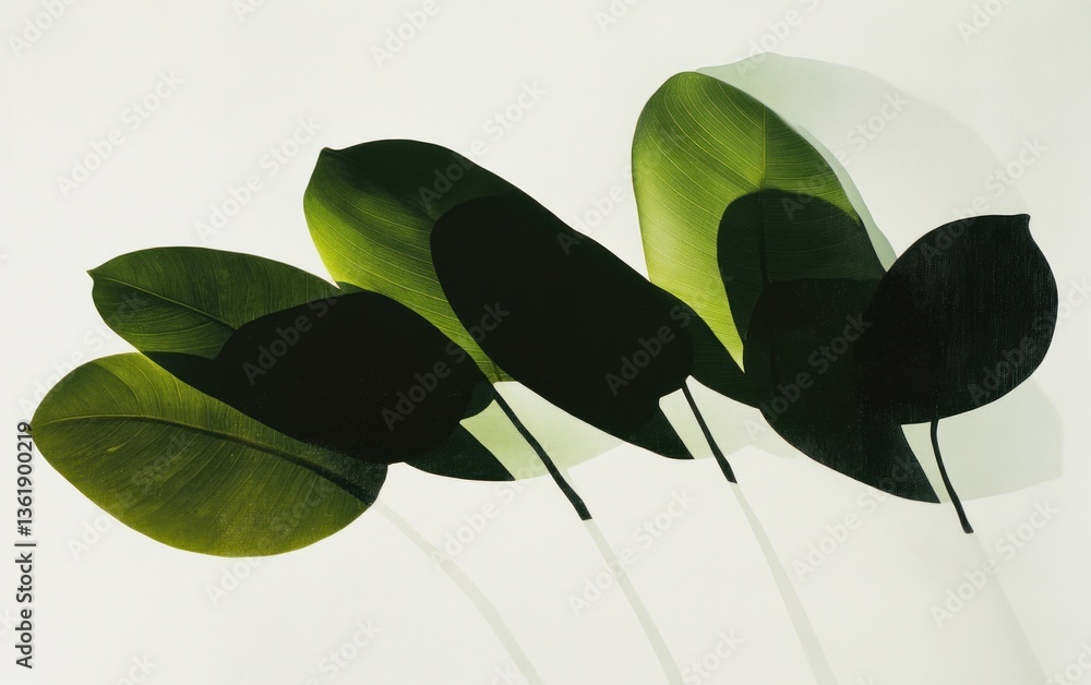 Poster abstract image of five dark green leaves against a bright background, subtly overlapping to create a