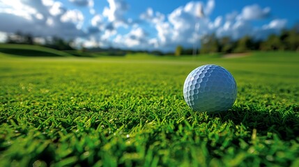 Fototapeta premium A close-up of a golf ball resting on lush green grass, with a bright blue sky and scattered clouds in the background.