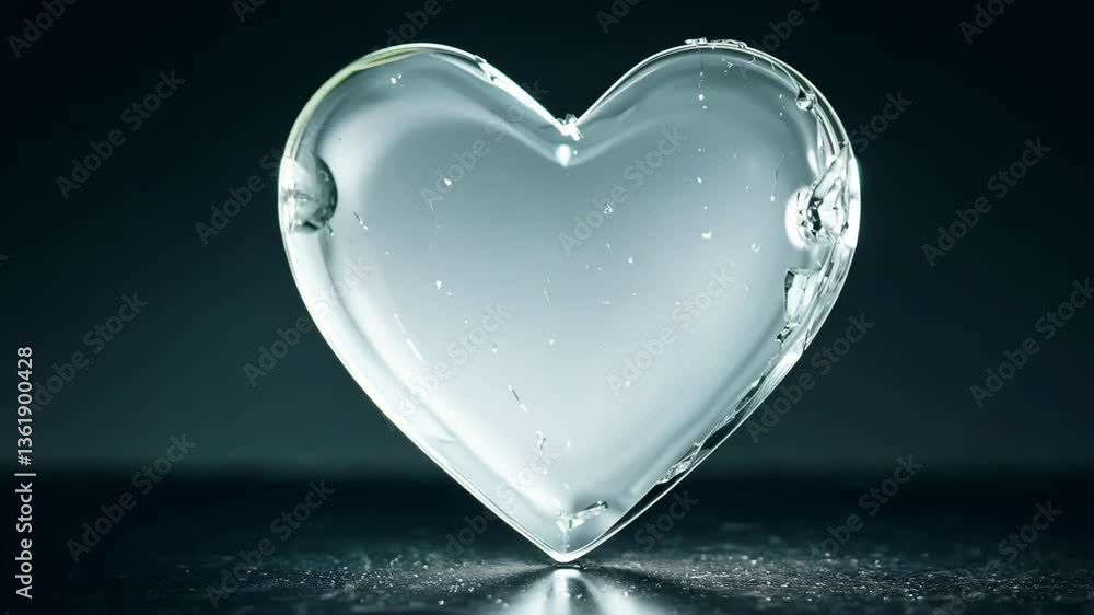 Poster a clear heart shape is on a black surface. the heart is made of glass and is floating in the air