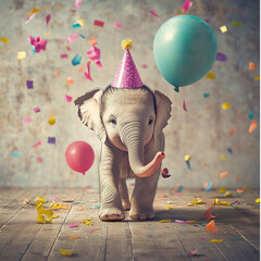 A young elephant wears a party hat and walks among colorful balloons and confetti, creating a cheerful and playful atmosphere of celebration.
