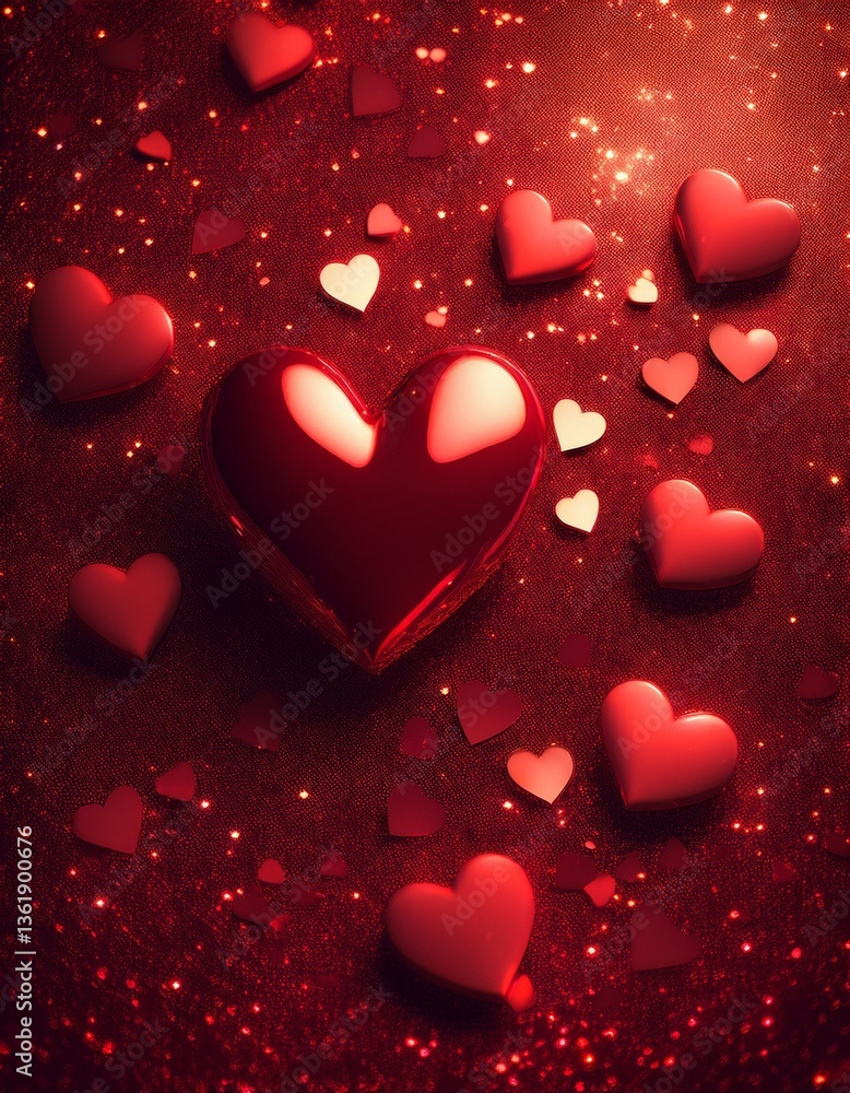 Poster sparkling deep red glitter background with hearts. generated image