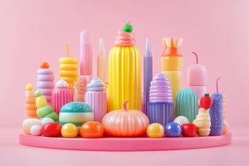 Colorful dessert-themed display with candles and decorations on a pink background