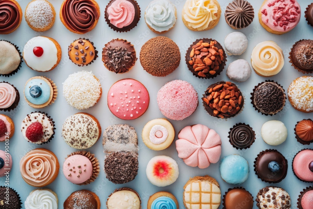 Poster Colorful array of assorted cupcakes displayed neatly on a table showcases delightful desserts for any occasion