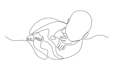 Obraz premium Continuous single line of cute new born baby sleeping and lying on bed. Kid childhood sketch drawing editable stroke vector illustration