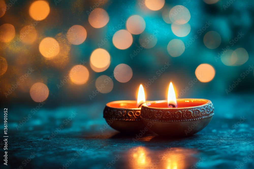 Poster two clear clay lamps illuminate a serene setting with warm bokeh lights in the background during a j