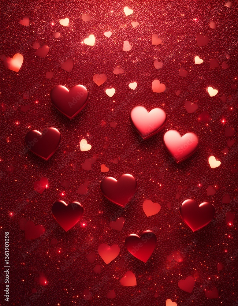 Poster sparkling deep red glitter background with hearts. generated image