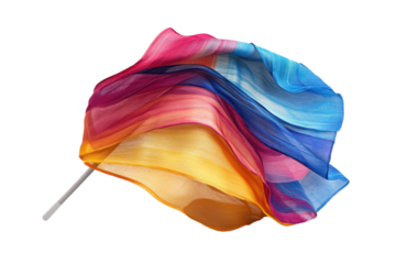 A Vibrant Rainbow Silk Scarf Dances On A Silver Wand, Swirling With Joyful Energy And Capturing The Light In A Dynamic, Expressive Movement Isolated on Transparent Background