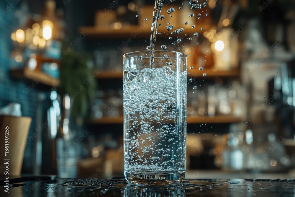 Poster sparkling water is being poured into a glass, creating a splash with many bubbles on a wet bar count